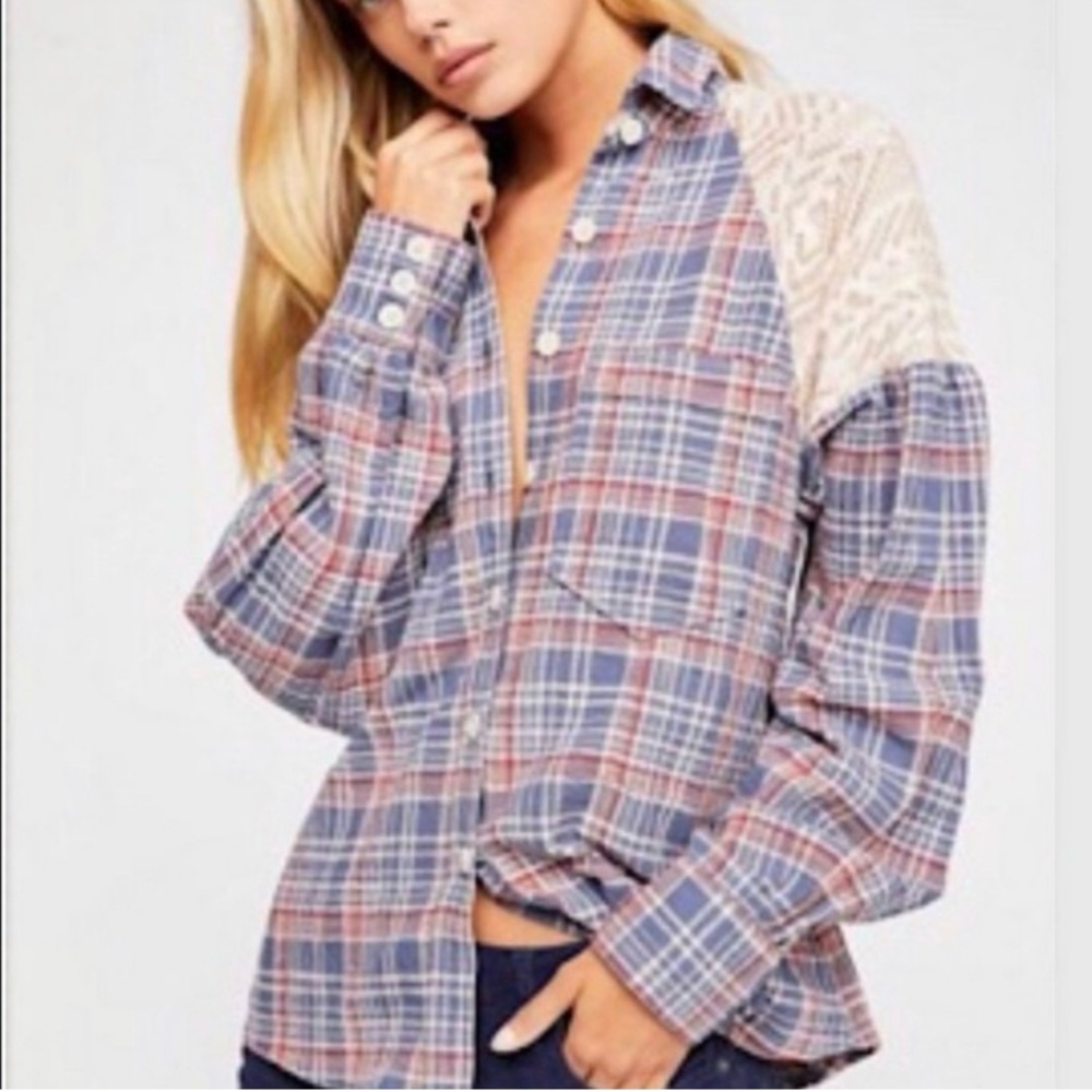 🦊 free people fireside night plaid button down womens sz large red blue western
